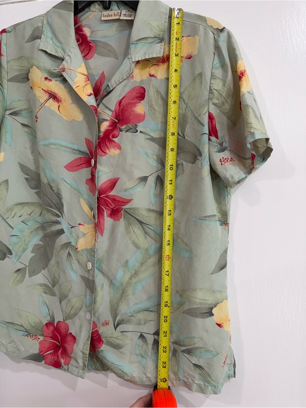 Linden Light Sage 100% Silk Shirt with Red & Yellow Floral Accents - Picture 5 of 7